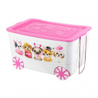 Ящик для игрушек "KidsBox" "Милые щенки" 61*41*33 см 55 л, белый с розовой крышкой, на колёсах (модель 449)