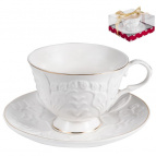 ГРАЦИЯ, набор чайный (2) чашка 220мл + блюдце, NEW BONE CHINA, белый рельефный рисунок с золотом, подарочная упаковка PVC