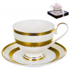 САКСОНИЯ, набор чайный (2) чашка 230мл + блюдце, NEW BONE CHINA, золотой орнамент, подарочная упаковка PVC