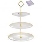 ГРАЦИЯ, фруктовница 3-х ярусная,  блюдо 150мм, 195мм, 230мм, NEW BONE CHINA, декор - белый с золотом, квадратная подарочная упаковка с окном и бантом