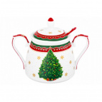 Сахарница 450 мл 15*10*11,5 см "Новогодняя елка" красный узор + ложка, NEW BONE CHINA