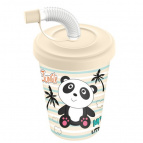 Стакан детский с крышкой, трубочкой и колпачком 280мл с декором "Панда" (светло-бежевый)