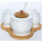 РОЗА, набор для сервировки (5) сахарница 320мл с ложкой + солонка + перечница на бамбук.подставке, цветная упаковка