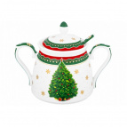 Сахарница 450 мл 15*10*11,5 см "Новогодняя елка" зеленый узор + ложка, NEW BONE CHINA