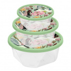 Комплект контейнеров для продуктов круглых 3 шт. (0,4л+0,85л+1,4л) с декором "Ботаника" (зеленый)