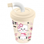Стакан детский с крышкой, трубочкой и колпачком 280мл с декором " Кошечка" (светло-бежевый)