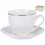 ГРАЦИЯ, набор чайный (2) чашка 220мл + блюдце, NEW BONE CHINA, декор БЕЛЫЙ С ЗОЛОТОМ, квадратная подарочная упаковка с окном и бантом