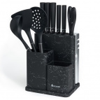 НАБОР AGNESS ИЗ 11ПР:5 НОЖЕЙ,ПОЛОВНИК,ЛОПАТКА,ШУМОВКА,ПОДСТАВКА,НОЖЕТОЧКА,НОЖНИЦЫ,ЧЕРНЫЙ МРАМОР/СЕРЫ